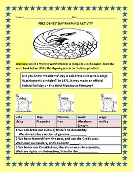 Preview of PRESIDENTS' DAY RHYMING ACTIVITY: W/ ANSWER KEY, GRADES 3-6, ESL