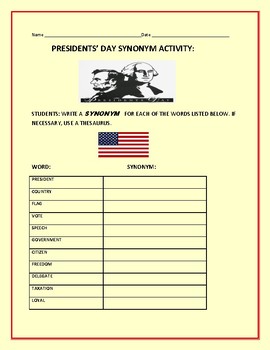 Preview of PRESIDENTS' DAY SYNONYM ACTIVITY W/FREE PUPPET PATTERN, K-3, ESL