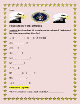 Preview of PRESIDENTS DAY WORD GAME: THE DUTIES/QUALIFICATIONS OF OUR PRESIDENT/ GRS. 5-12