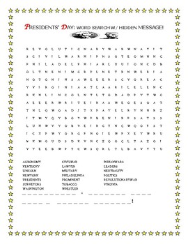 Preview of PRESIDENTS' DAY WORD SEARCH W/ HIDDEN MESSAGE