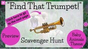 Preview of PREVIEW-Trumpet Digital Scavenger Hunt- Baby Animal Themed- Online Music Game