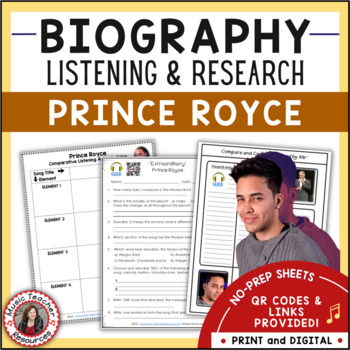 Preview of Musician Worksheets - PRINCE ROYCE Biography Research and Listening Activities