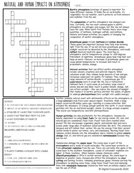 Preview of PRINTABLE Human Natural Impacts Atmosphere Climate Change READING CROSSWORD