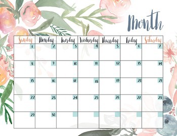 Printable Blank Monthly Calendar - Watercolor Peach Floral Green Foliage
