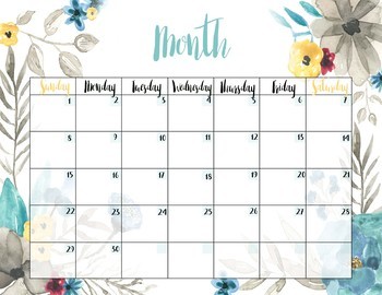 printable blank monthly calendar watercolor floral teal yellow gray