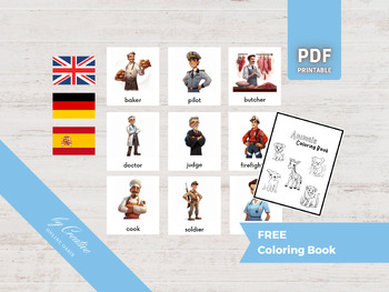 Preview of PROFESSIONS • 32 Montessori Cards • Cartoon Comic Style • German English Spanish