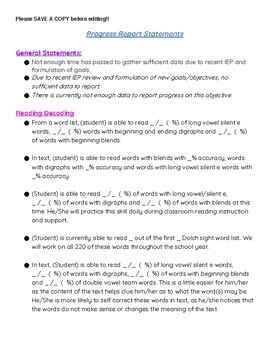 Preview of PROGRESS REPORT STATEMENTS!!   7 EDITABLE PAGES!!- COVERS ALL ACADEMIC AREAS!!