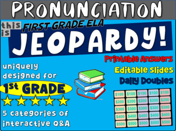 Preview of PRONUNCIATION - First Grade ELA JEOPARDY! handouts and Interactive PPT Gameboard