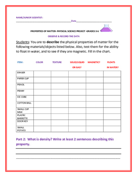 Preview of PROPERTIES OF MATTER PROJECT: GRADES 3-6: A JUNIOR SCIENTIST ACTIVITY