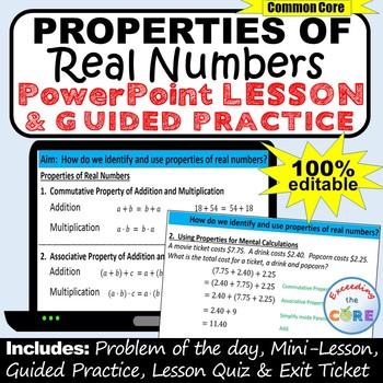 Preview of PROPERTIES OF REAL NUMBERS PowerPoint Lesson & Practice | Distance Learning