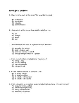 Preview of PSSA Fourth Grade Biological Science Question Review