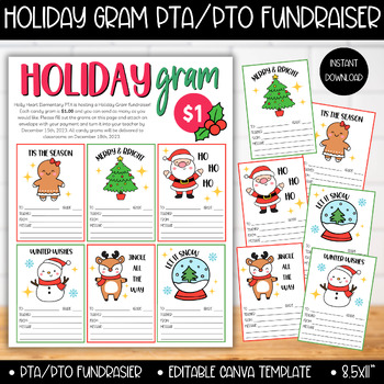 Preview of PTA PTO Christmas Holiday Gram Fundraiser Flyer Template, Candy Cane Grams