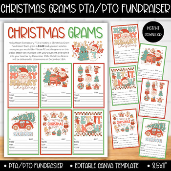Preview of PTA PTO Christmas Holiday Gram Fundraiser Flyer Template, Candy Cane Santa Grams