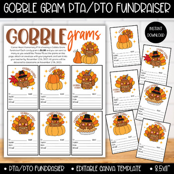 Preview of PTA PTO Gobble Gram Fundraiser Flyer Template, Gratitude November Turkey PTSA