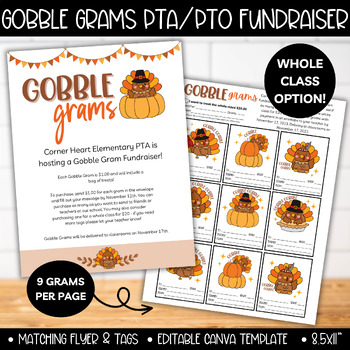Preview of PTA PTO Gobble Gram Thanksgiving Fundraiser Flyer Template, Turkey Gratitude