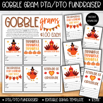 Preview of PTA PTO Gobble Turkey Fall Autumn Gram Fundraiser Flyer Template, Candy Grams