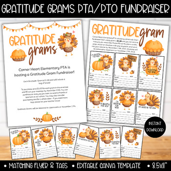 Preview of PTA PTO Gratitude Gobble Turkey Gram Flyer Template, School Fundraiser, PTSA