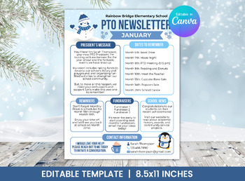 Preview of PTO/PTA Monthly Newsletter Template for January - Winter Snowman - PTNWSL