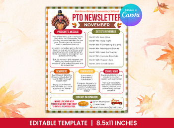 Preview of PTO/PTA Monthly Newsletter Template for November - Thanksgiving - PTNWSL