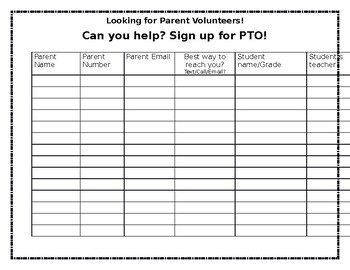 PTO Sign up Sheet by Lauren Crum Teachers Pay Teachers