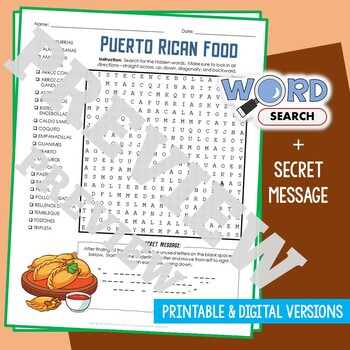 Preview of PUERTO RICO FOOD Word Search Puzzle Activity Vocabulary Worksheet Secret Message