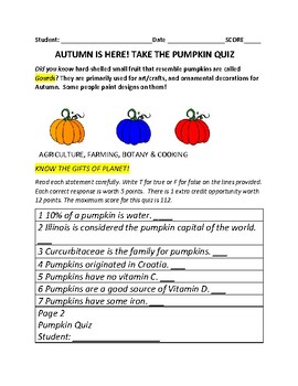 Preview of PUMPKIN QUIZ: AUTUMN IS HERE!  GRS. 4-9, SCIENCE, AND GARDEN CLUB
