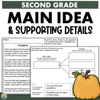 Preview of PUMPKINS Literacy Reading Comprehension Worksheets 2nd Grade Main Idea & Details