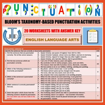 Preview of PUNCTUATION - CONVENTIONAL SIGNS IN ENGLISH GRAMMAR: 20 WORKSHEETS WITH ANSWERS