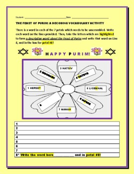 Preview of PURIM: A DECODING VOCABULARY ACTIVITY:  GRS. 4-8  W/ ANSWER KEY