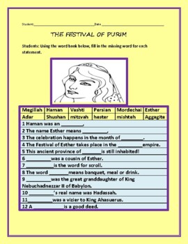 Preview of PURIM: A FESTIVAL OF TRIUMPH: A WORD BANK ACTIVITY W/ ANSWER KEY