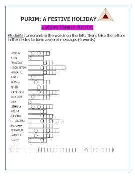 Preview of PURIM: A FESTIVE HOLIDAY: WORD JUMBLE CHALLENGE w/ANSWER KEY
