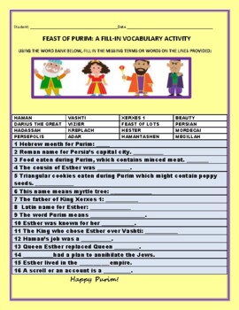 Preview of PURIM: A FILL-IN- VOCABULARY ACTIVITY W/ ANSWER KEY  GRS. 3-7