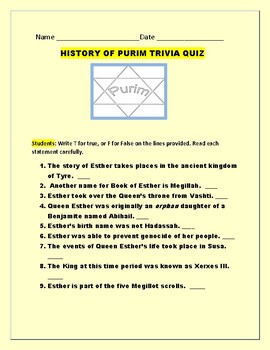 Preview of PURIM: A HISTORY TRIVIA QUIZ: HOW MANY CAN YOU GET RIGHT?