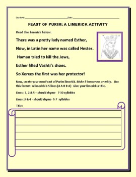 Preview of PURIM: A LIMERICK ACTIVITY:  GRS. 4-8