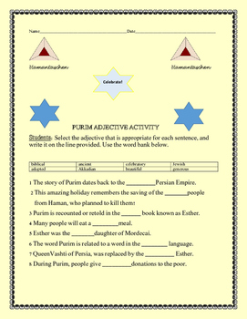 Preview of PURIM ADJECTIVE ACTIVITY/ GRADES 3-6
