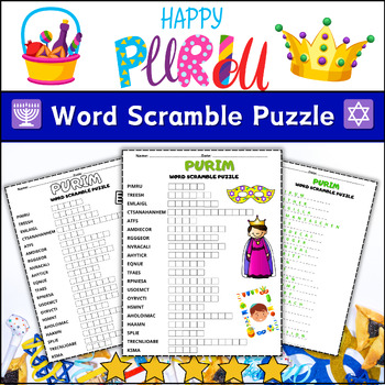 Preview of PURIM Word Scramble Puzzle Worksheet Activity  Color& B/W⭐No Prep ⭐ (4th 5th 6th