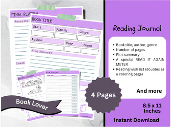 Preview of PURPLE Book Lover, Reading Challenge, Printable Reading Log With Summary