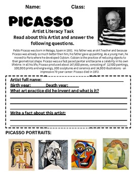 Preview of Pablo Picasso - Artist Literacy Task