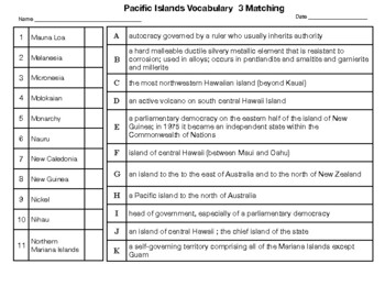 Pacific Islands Vocabulary 3 Matching by Northeast Education | TPT