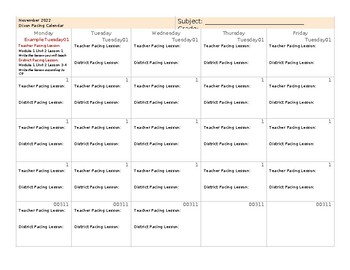 Preview of Pacing Calendar Template (Where I am vs District Curriculum Guide)