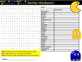 pacman wordsearch puzzle sheet keywords gaming computer video games