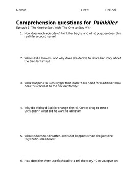 Preview of Painkiller- Episode 1 Comprehension Questions Worksheet and Answers