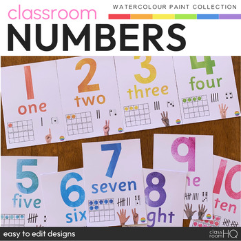 Preview of Rainbow Theme Classroom Decor Number Posters | WATERCOLOR PAINT