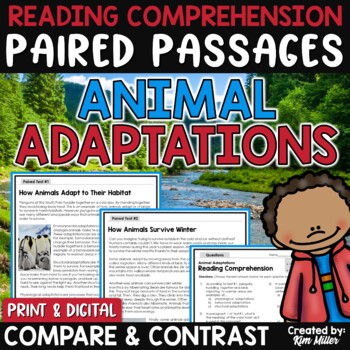 Preview of Paired Passages with Writing Prompts Paired Text Animal Adaptations Worksheets