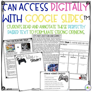Paired Text Passages - Video vs. Board Games Opinion Writing - Print &  Digital