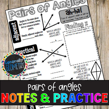 Preview of Pairs of Angles Guided Notes and Worksheet | Complementary Supplementary