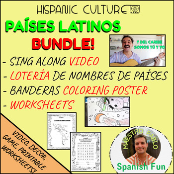 Preview of Países Latinos Bundle! Sing Along Video, Coloring Poster, Lotería de Países