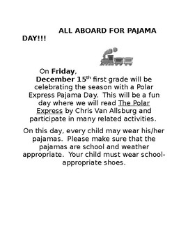 Preview of Pajama Day Letter for parents (Polar Express)- translated