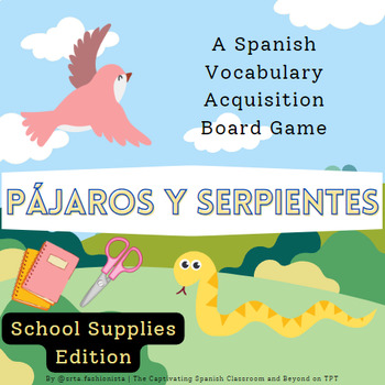 Preview of Pájaros y Serpientes: School Supplies Vocabulary Board Game & Quizlet