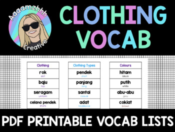 Preview of Pakaian Indonesian Clothing Vocabulary Lists including style and colour